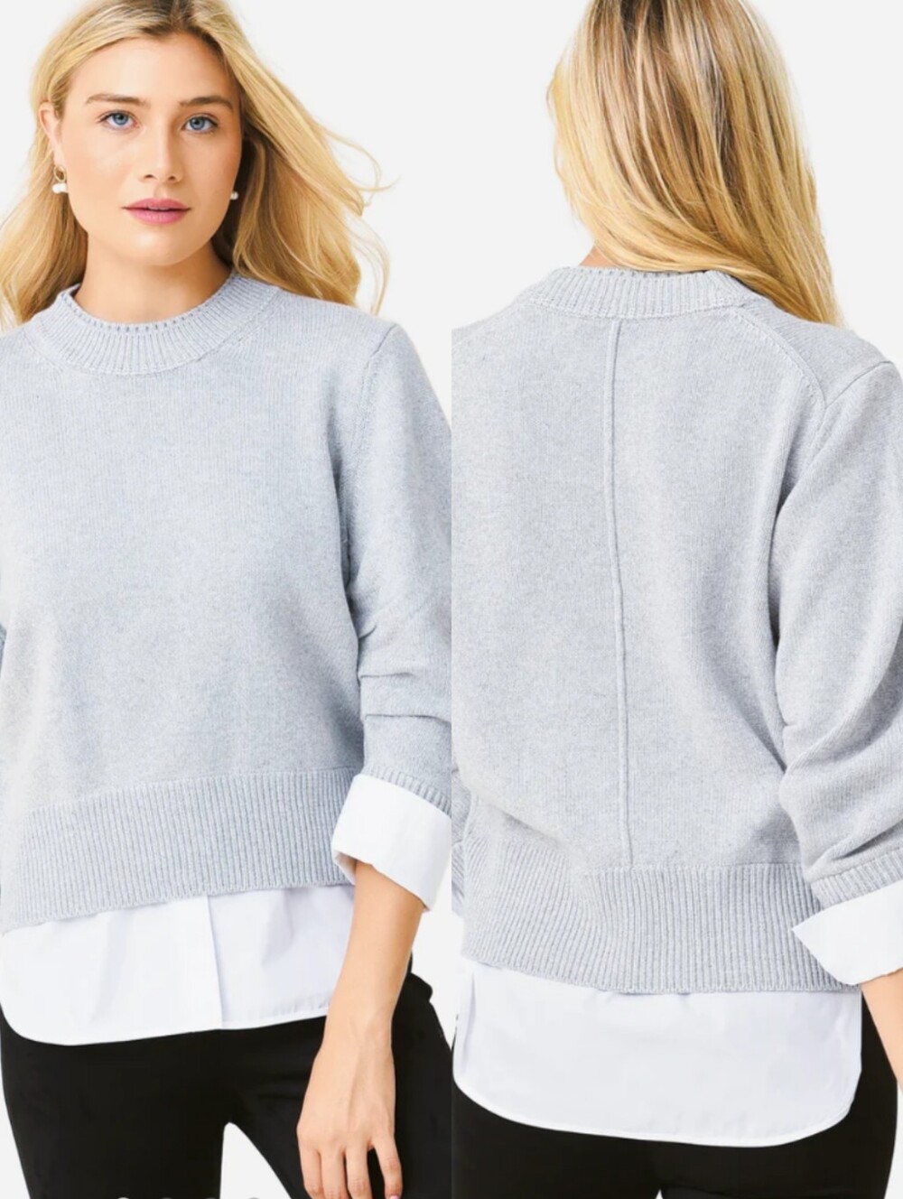 Brocho Walker Raya Gray Cotton Cashmere Ruched Crewneck Layered Pullover Sweater